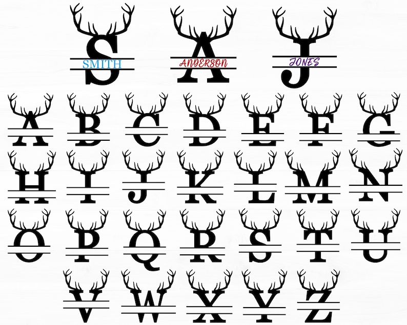 May include: A set of 26 split monogram letters with antlers. Each letter is black and has a horizontal line through the middle. The letters are arranged in alphabetical order.