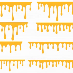 May include: A set of four digital illustrations of dripping yellow liquid, like honey or syrup. Each illustration features a different number of drips, creating a variety of patterns.