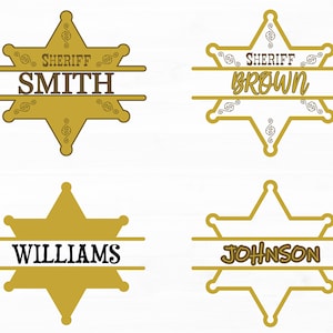 May include: Four gold and white sheriff star badges with the text "SHERIFF" and a name on each badge. The names are "SMITH", "BROWN", "WILLIAMS", and "JOHNSON".