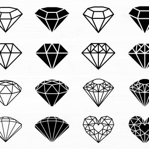 May include: A set of 14 black and white diamond and heart illustrations. The diamonds are in various styles and the hearts are in a geometric style.