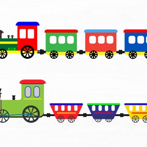 Puede incluir: Un tren de juguete con una locomotora verde, vagones rojos, verdes y azules. El tren está sobre un fondo de madera blanco.
