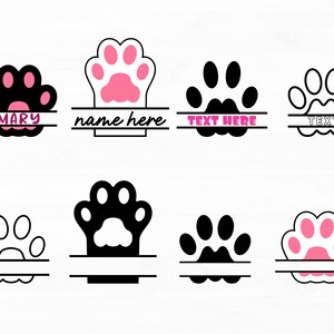 Op de afbeelding: Set van acht zwarte en roze poot afdruk split monogram ontwerpen. Elk ontwerp heeft een poot afdruk met een gesplitste lijn in het midden om tekst toe te voegen. De tekst "MARY", "name here", "TEXT HERE" en "TEXT" zijn opgenomen in de ontwerpen.