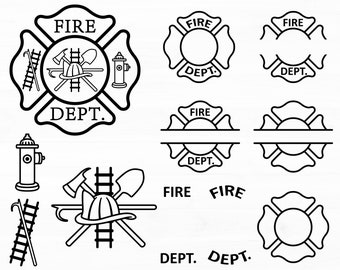 May include: Black and white line art illustrations of fire department logos, including a fire hydrant, an axe, a shovel, a ladder, and a firefighter's helmet. The text "FIRE DEPT." appears in several of the illustrations.