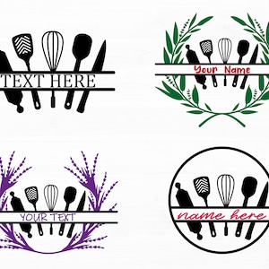 May include: A split monogram design featuring a rolling pin, spatula, whisk, and knife. The design is available in two styles: one with a green wreath and the other with purple lavender sprigs. The text "TEXT HERE" and "YOUR TEXT" are displayed on the designs.