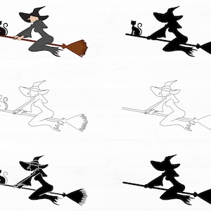 May include: A collection of illustrations featuring a witch riding a broomstick with a black cat. The witch is wearing a pointed hat and a long dress. The broomstick has a brown handle and black bristles. The cat is sitting on the broom.