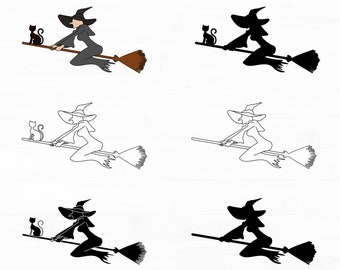 Flying Witch Svg Witch Flying on Broom Halloween New Halloween Clipart Bundle Witch on Broom Silhouette/Outline/Layered Cricut Cut Files