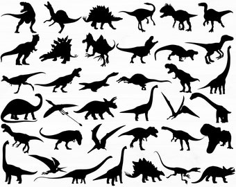 May include: A collection of 36 black silhouette images of various dinosaurs, including a stegosaurus, triceratops, brachiosaurus, and tyrannosaurus rex.
