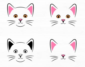 Paquete de archivos SVG con caras de gatos adorables y ojos de gatitos con bigotes (descarga digital)