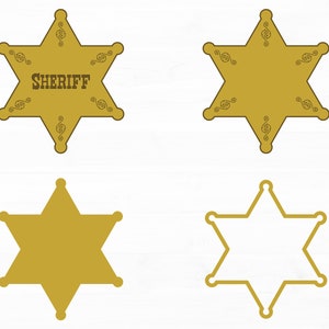 May include: Four gold star-shaped sheriff badges. Two of the badges have a gold outline and a solid gold interior. The other two badges have a gold outline and a white interior. One of the gold badges has the word "SHERIFF" printed in brown text.
