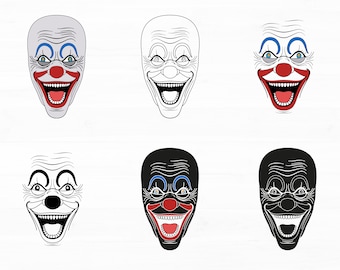 May include: Six different variations of a clown face with a wide, toothy grin. The clown has a red nose, blue eyes, and blue eyebrows. The faces are in black and white, with some having color accents.