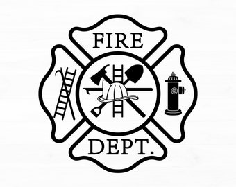 May include: Black and white illustration of a fire department emblem. The emblem features a fire hydrant, an axe, a shovel, a ladder, and a firefighter's helmet. The words "FIRE DEPT." are written in a banner around the emblem.