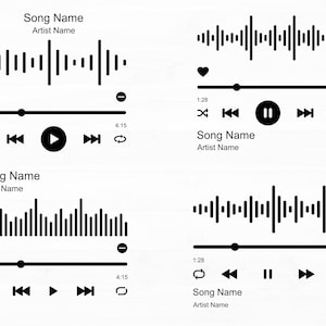 May include: A black and white graphic of a music player interface with a song title, artist name, and playback controls. The controls include play, pause, skip forward, skip back, shuffle, repeat, volume, and a progress bar.