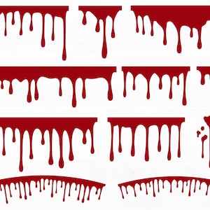Könnte beinhalten: Ein Satz von zehn digitalen Grafiken mit rotem, tropfendem Blut in verschiedenen Formen und Größen. Das Blut tropft von der Oberseite des Bildes und hat verschiedene Formen, darunter gerade Linien, Kurven und Tropfen.
