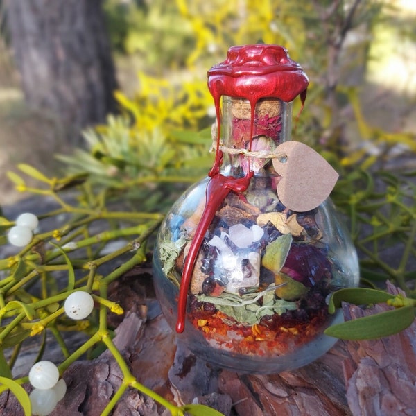 Passion Amour grand format - Fiole d'intention - Spell Jar - Amulette - Talisman - Plantes, sel et cristaux