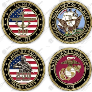 May include: Four commemorative coins with gold rims. The top left coin features a U.S. Navy design with an anchor and American flag. The top right coin displays a ship and eagle. The bottom coins honor the Marine Corps.