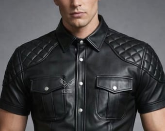 Men's Quilted Shoulder Leather Shirt – Slim Fit Biker Style Cowhide Top