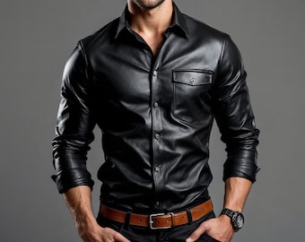 Camisa de cuero negro para hombre, hecha a mano: auténtica piel de oveja estilo motero