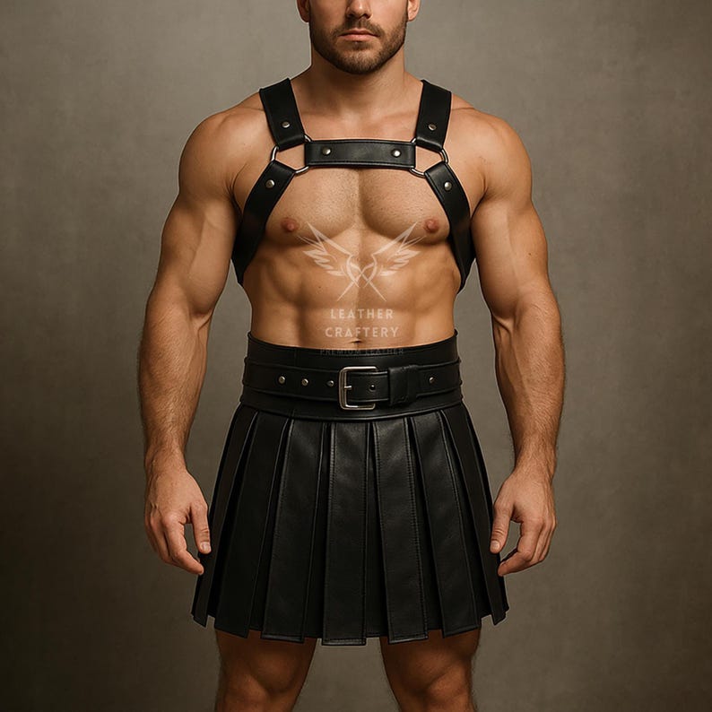 Pode incluir: Arn&ecirc;s e kilt plissado em couro preto. O arn&ecirc;s apresenta uma tira no peito e al&ccedil;as conectadas por an&eacute;is de metal. O kilt tem um cinto com fivela prateada. O texto "LEATHER CRAFTERY" &eacute; vis&iacute;vel.