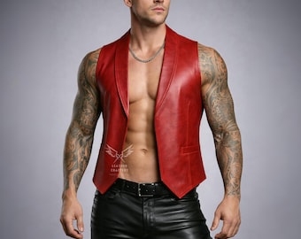 Colete de couro de pele de carneiro vermelha estilo motociclista – Colete gótico punk aberto na frente