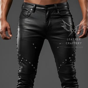 Men’s Black Leather Pants - Genuine Sheep Leather Studded Biker Trousers - Punk Rock Handmade Real Leather Motorcycle Pants