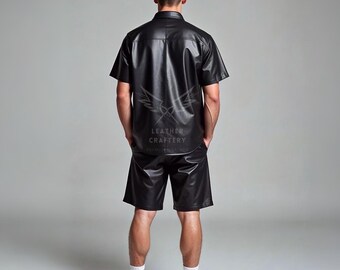 Handmade Men's Black Leather Shirt & Shorts Set | Summer Festival