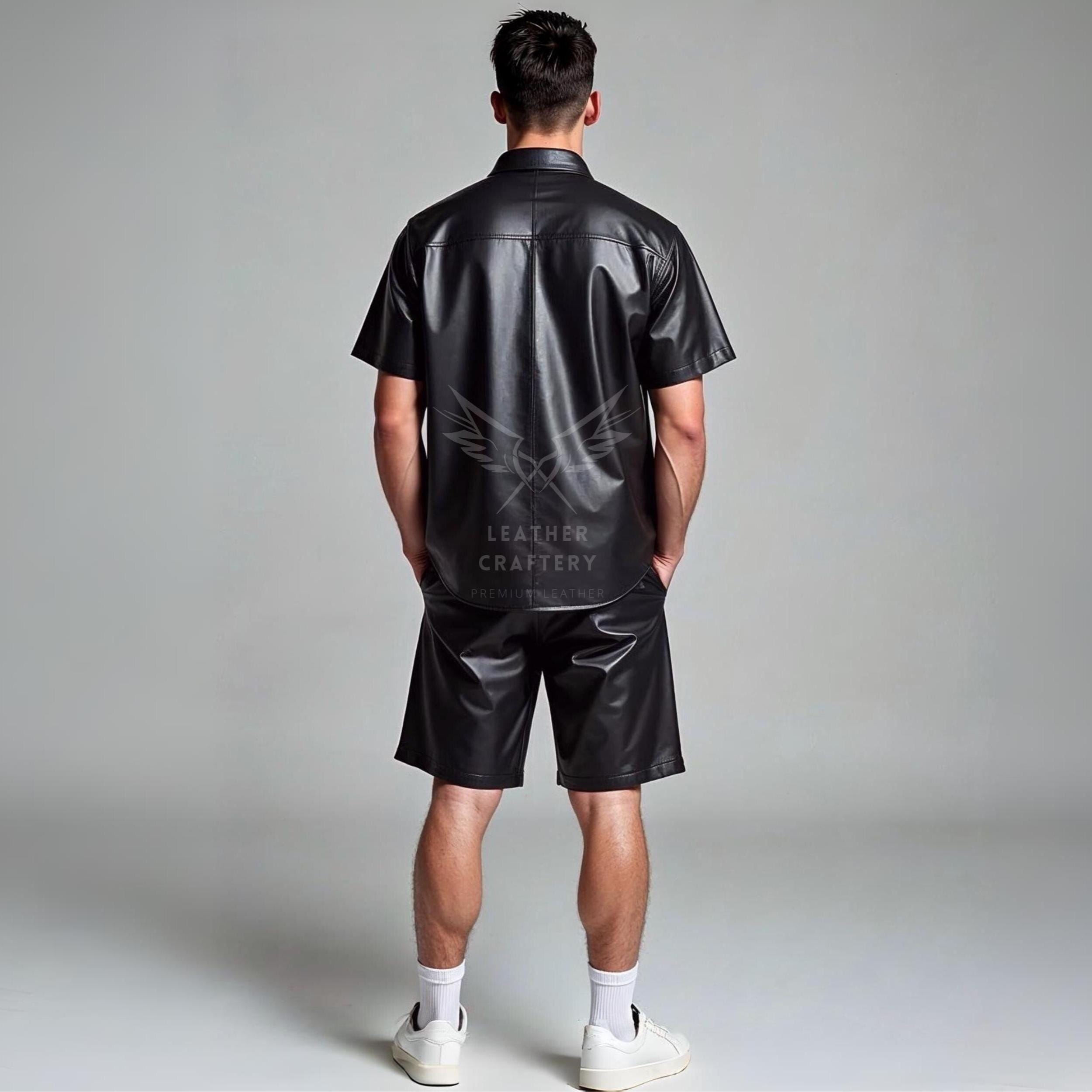 Handmade Men's Black Leather Shirt & Shorts Set | Summer Festival