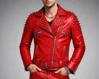 Men's Red Studded Leather Biker Jacket – Handmade Genuine Cowhide Punk Rock Motorcycle Coat