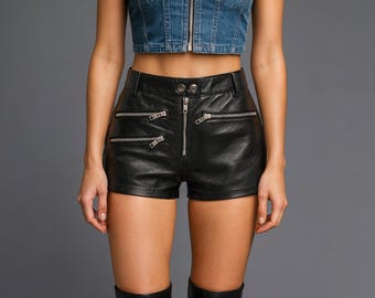 Black Genuine Leather High-Waisted Biker Shorts – Handmade Punk Festival Wear