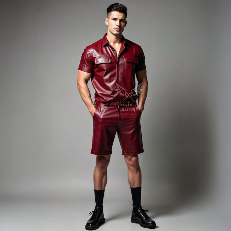 May include: A burgundy leather shirt and shorts set. The short-sleeved shirt has two chest pockets and a button-down front. The shorts have a belt and pockets. The outfit is paired with black socks and shoes. The Leather Crafter logo is visible.