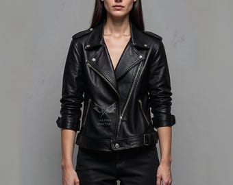Handmade Black Leather Biker Jacket - Women's Moto Jacket