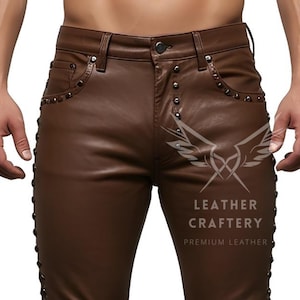Handmade Leather Studded Pants For Men - Brown Genuine Leather Punk Rock Pants - Steampunk Gothic Pants - Festival Cosplay Studded Pants