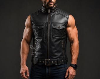 Handmade Black Sheepskin Leather Biker Vest | Punk Rock Motorcycle Style with Belt