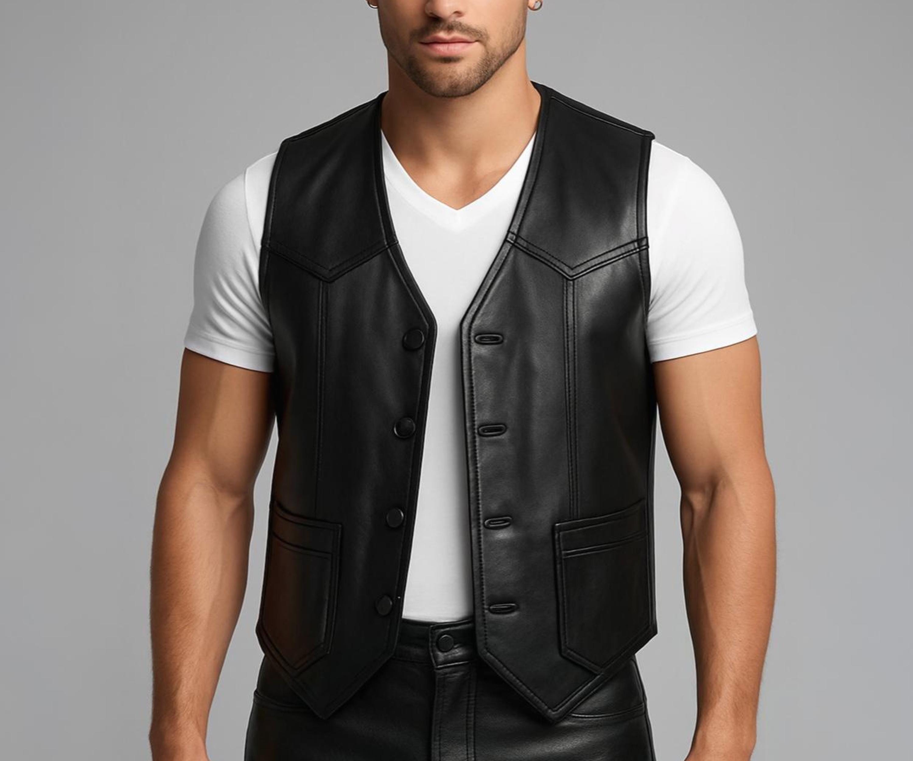 Chaleco De Cuero Genuino Sin Mangas Abierto Al Frente - Estilo BDSM, Fetiche, Para Fiestas Temáticas O Looks Atrevidos