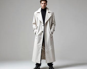 Handmade White Sheepskin Leather Trench Coat - Full Length Overcoat