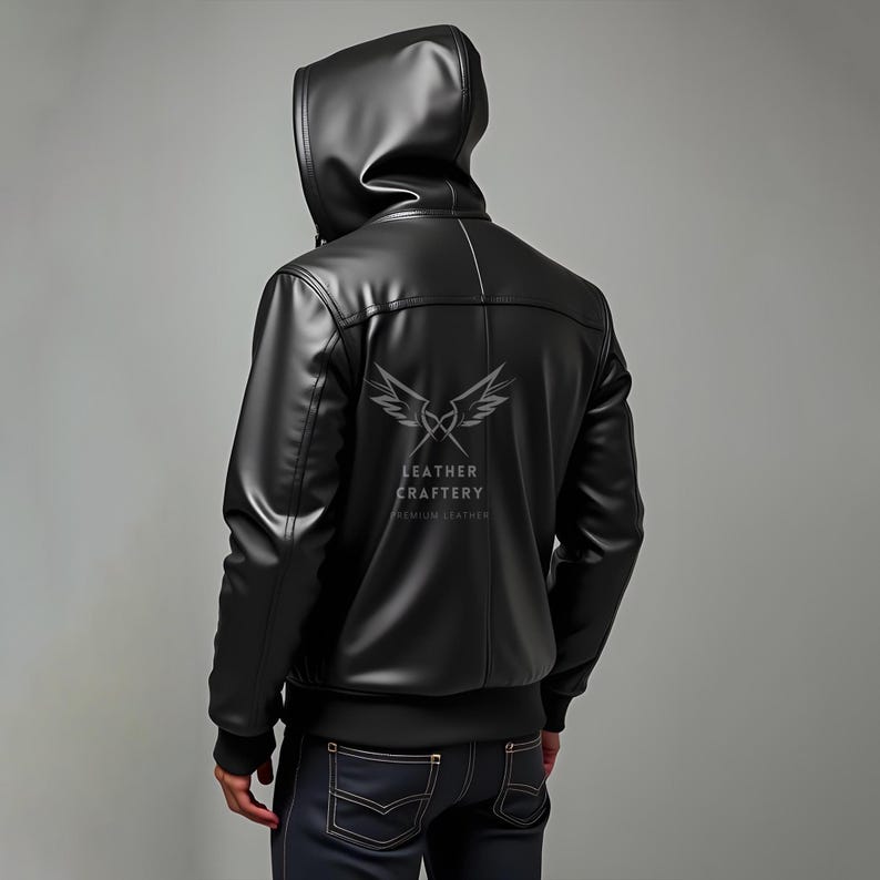 May include: Black leather jacket with a hood. The jacket has a zip fastening and a logo on the back that says "Leather Craftery Premium Leather".