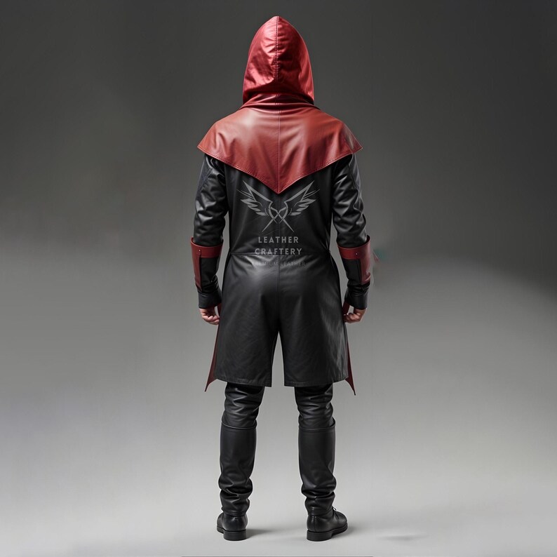 May include: A black leather hooded coat with a red hood and red accents. The coat has a long, flowing design and is worn over black pants. The back of the coat features a logo that says "Leather Craftery".