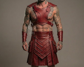 Handmade Genuine Leather Gladiator Kilt & Harness – Roman Armor Cosplay Costume