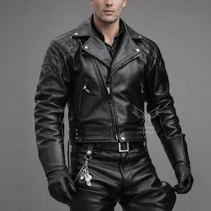 Puede incluir: Chaqueta de cuero negra de estilo motero con diseño acolchado en los hombros, cuello con solapas y cremallera diagonal. La chaqueta tiene cinturón en la cintura y se combina con pantalones y guantes de cuero negro. Fondo gris.