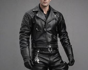 Men's Black Genuine Leather Biker Jacket, Slim Fit Moto Punk Streetwear