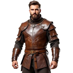 May include: Brown leather armour with shoulder pads, arm guards, and a belt. The armour has a polished finish and is worn over a black long-sleeve shirt. The image includes the text "LEATHER CRAFTERY" in the centre.
