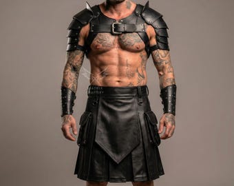 Handmade Leather Gladiator Kilt & Armor Harness Set – Viking Gothic Outfit