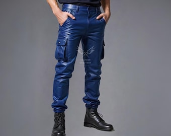 Men's Blue Sheepskin Leather Cargo Pants - Handmade Tactical Trousers
