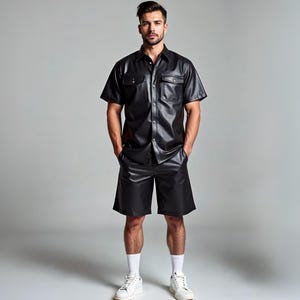 Men&#39;s Genuine Leather Co-Ord Set | Black Real Leather Shirt & Shorts Set | Summer Festival Outfit | Handmade Streetwear Matching Set For Him
