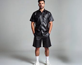 Handmade Men's Black Leather Shirt & Shorts Set | Summer Festival Outfit
