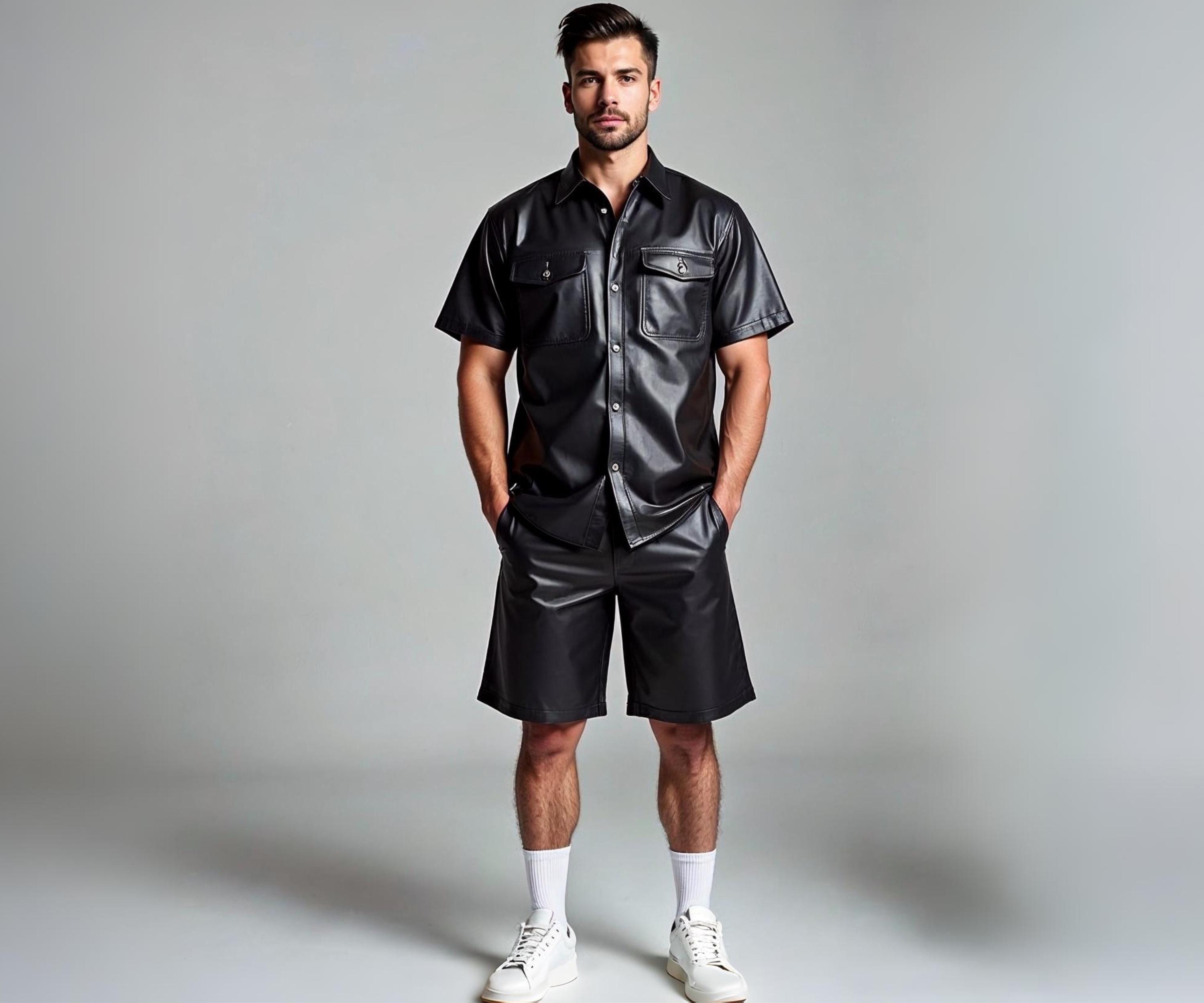 Handmade Men's Black Leather Shirt & Shorts Set | Summer Festival