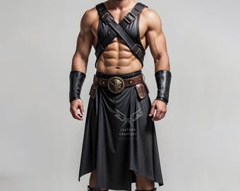 Handmade Leather Gladiator Kilt with Chest Armor Harness - Medieval Cosplay Costume