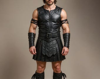 Genuine Leather Gladiator Kilt Armor Vest Set – Roman Spartan Cosplay Costume