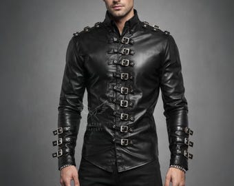 Men's Black Lambskin Leather Buckle Jacket – Gothic Military Strap Shirt – Handmade Slim Fit Coat