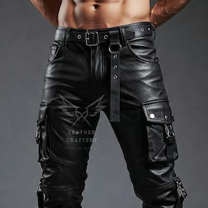 Genuine Leather Cargo Pants - Black Tactical-Inspired Streetwear Trousers - Handmade Gothic Utility Biker Pants -Real Leather Festival Pants