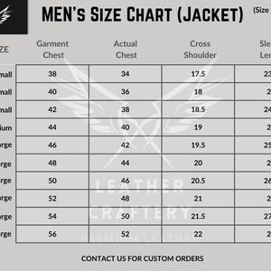 May include: A men's size chart for jackets, showing measurements in inches for jacket size, garment chest, actual chest, cross shoulder, and sleeve length.